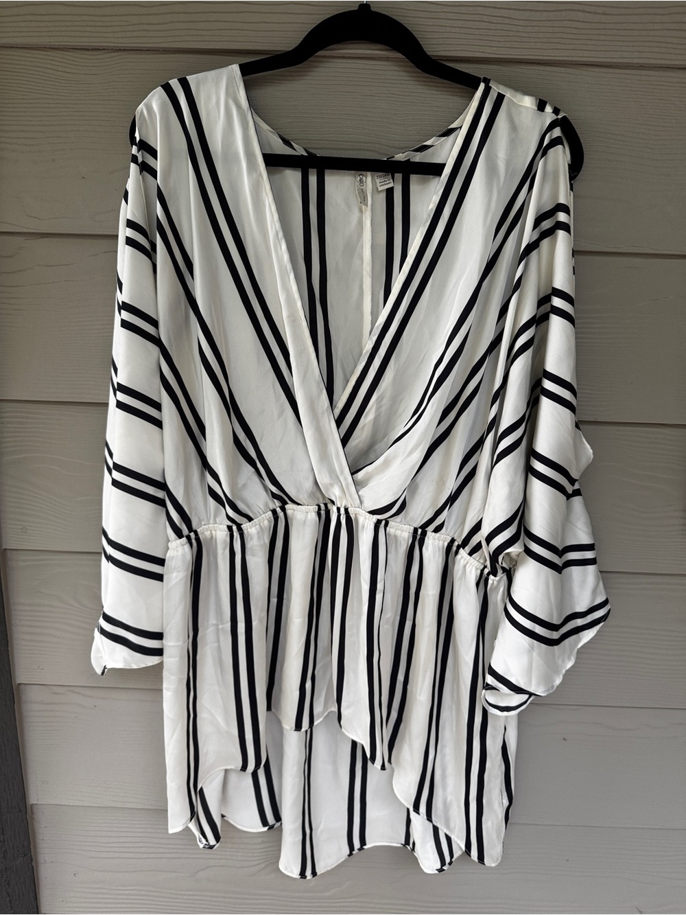 Cato Black & White Striped Surplice Peplum Tunic
